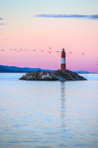 Les Éclaireurs Lighthouse standing on a rocky islet in the Beagle Channel, Patagonia, with a flock of birds flying across a serene pink and blue sunset sky. The calm waters reflect the lighthouse, creating a tranquil and picturesque scene.