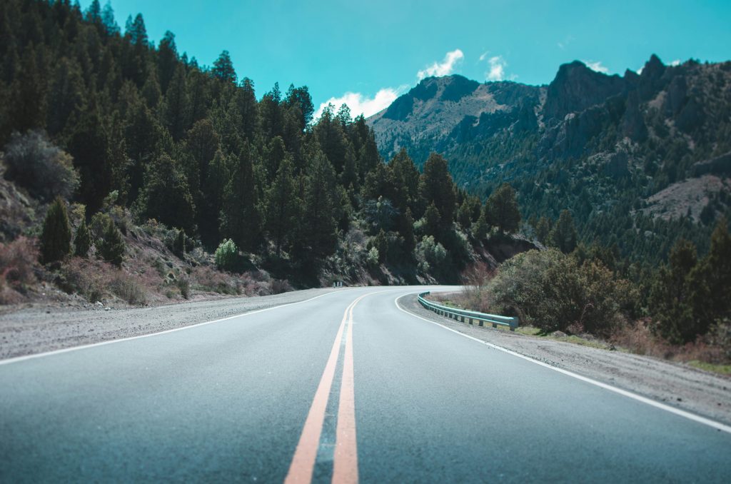 Winding road through lush forests and mountains in Bariloche, Argentina.